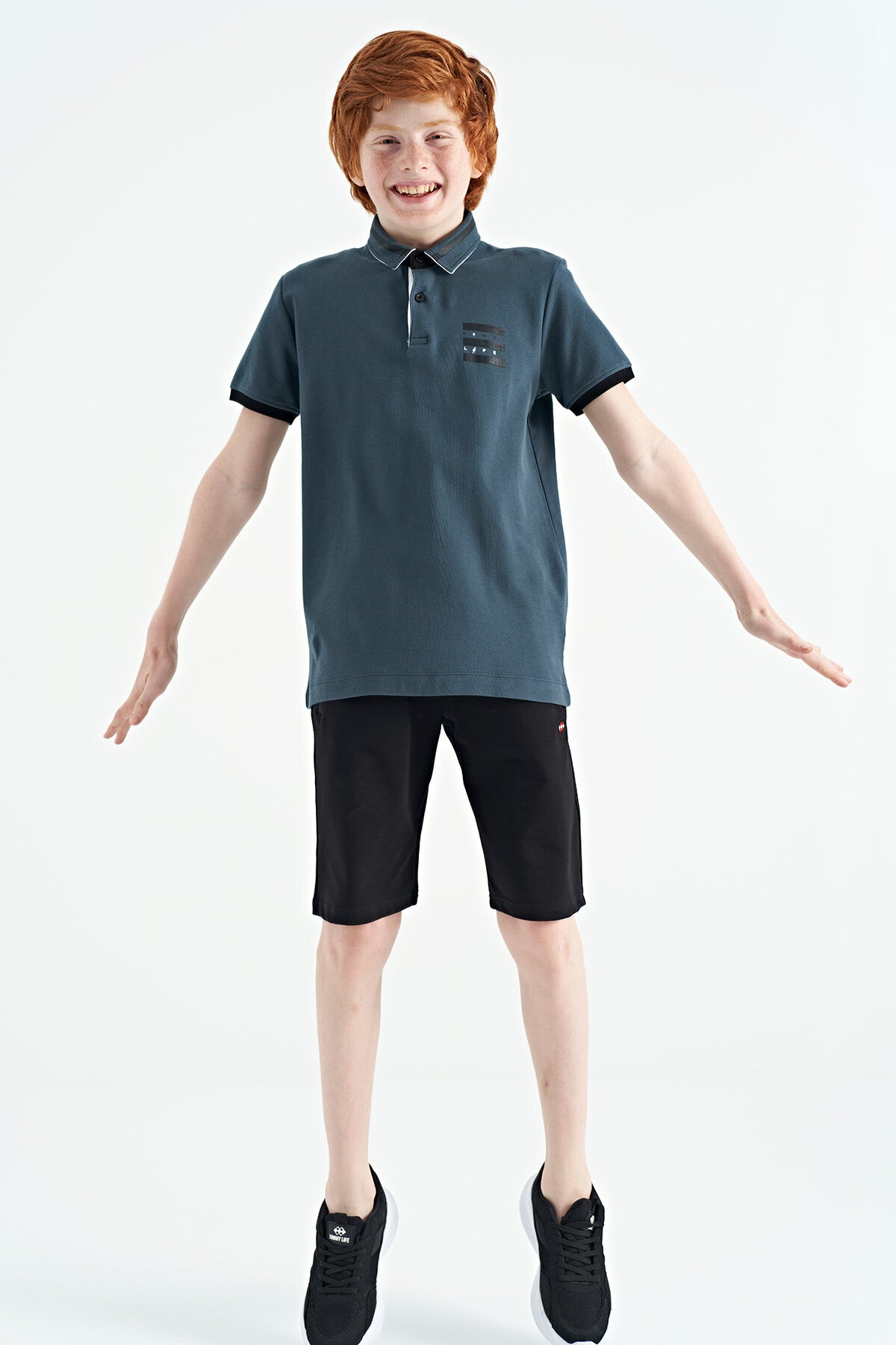 Orman Yeşili Yakası Renk Bloklu Baskı Detaylı Standart Kalıp Erkek Çocuk T-Shirt - 11111