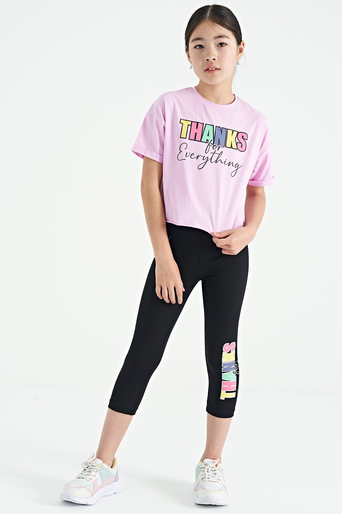 Pembe - Siyah Yazı Baskılı Oversize Kız Çocuk Crop Tayt Takım - 75133