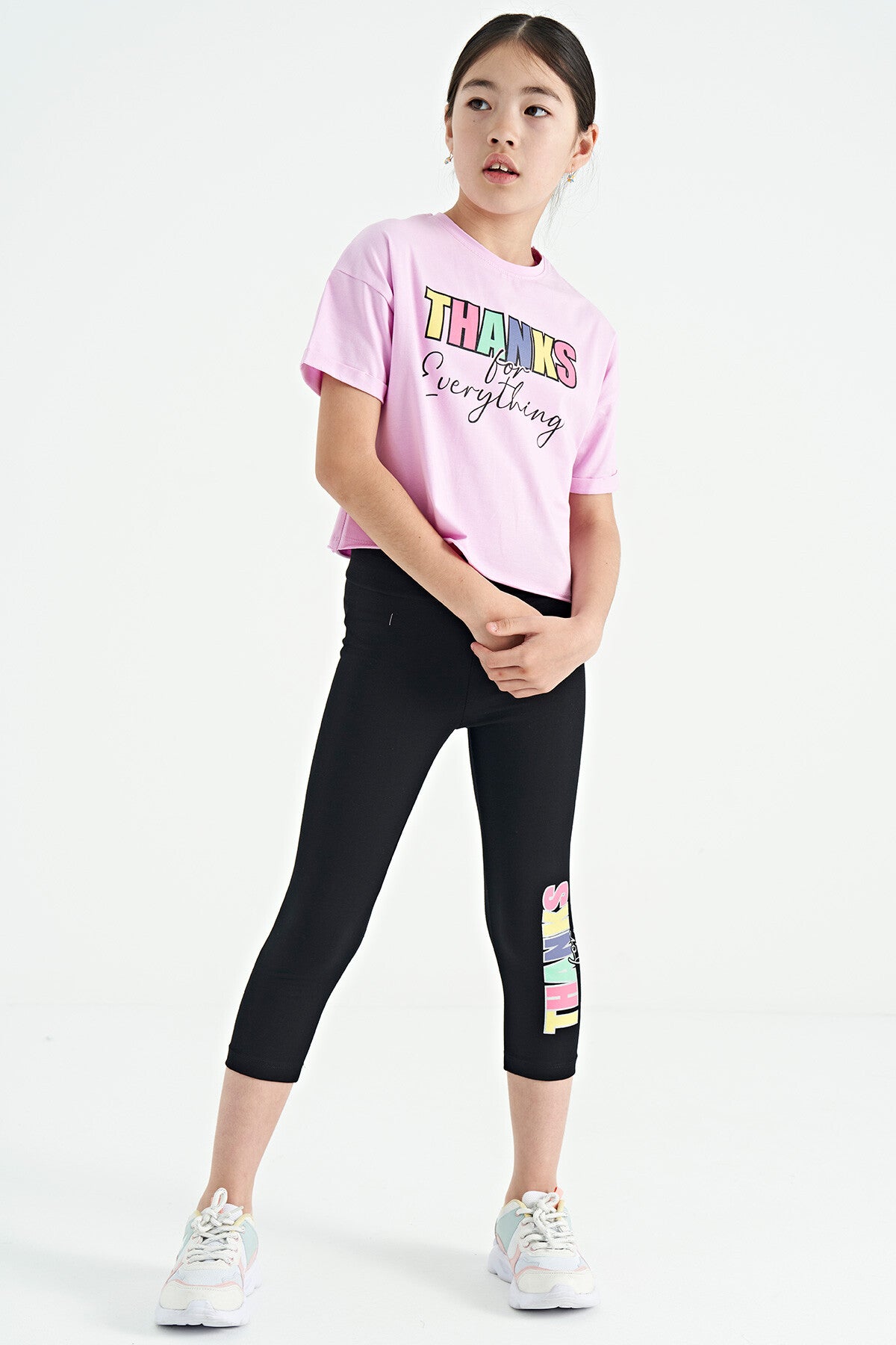 Pembe - Siyah Yazı Baskılı Oversize Kız Çocuk Crop Tayt Takım - 75133