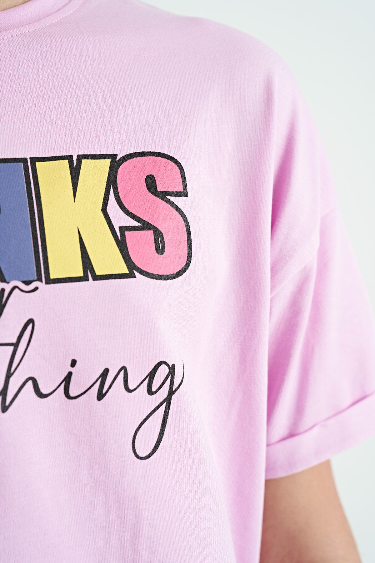 Pembe - Siyah Yazı Baskılı Oversize Kız Çocuk Crop Tayt Takım - 75133