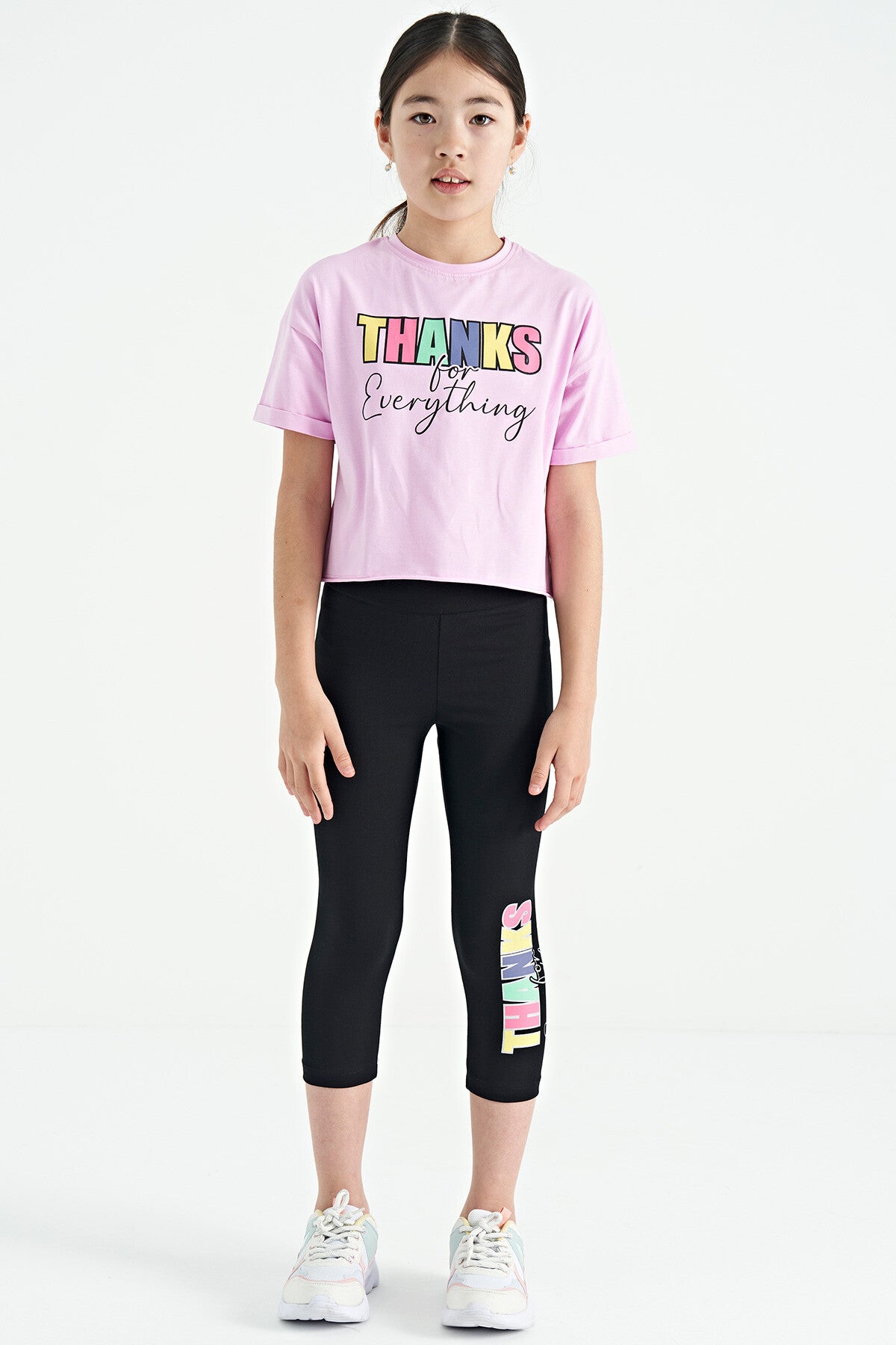Pembe - Siyah Yazı Baskılı Oversize Kız Çocuk Crop Tayt Takım - 75133