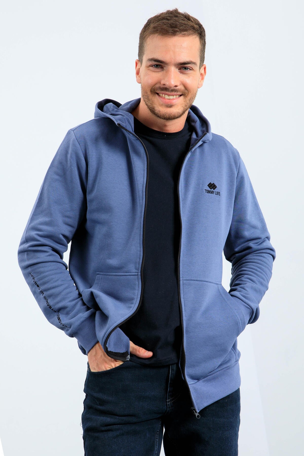 Petrol Basic Kapüşonlu Rahat Form Nakış Detaylı Fermuarlı Erkek Sweatshirt - 88035