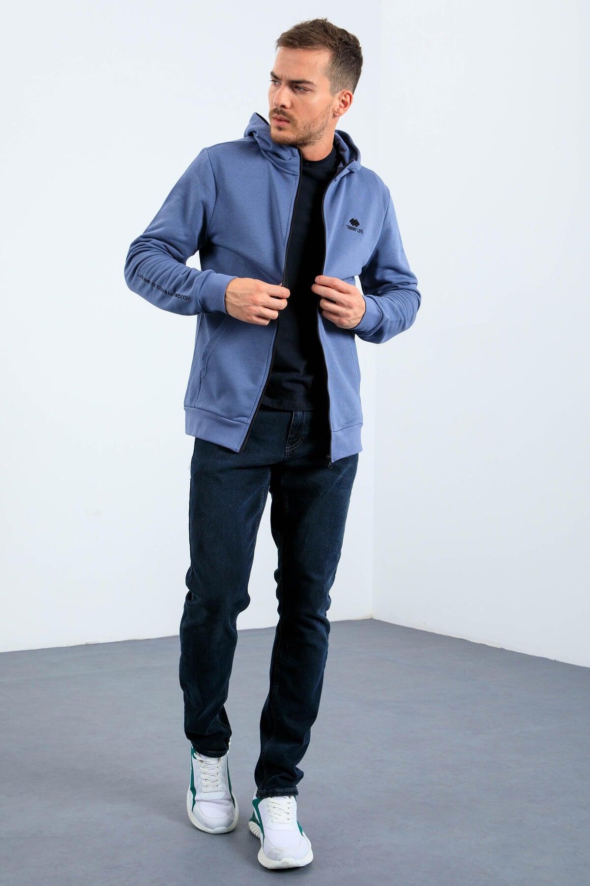 Petrol Basic Kapüşonlu Rahat Form Nakış Detaylı Fermuarlı Erkek Sweatshirt - 88035
