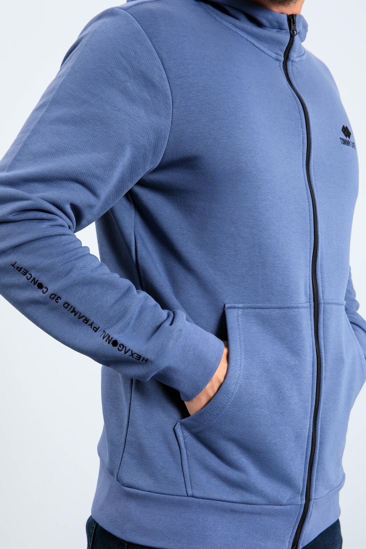Petrol Basic Kapüşonlu Rahat Form Nakış Detaylı Fermuarlı Erkek Sweatshirt - 88035