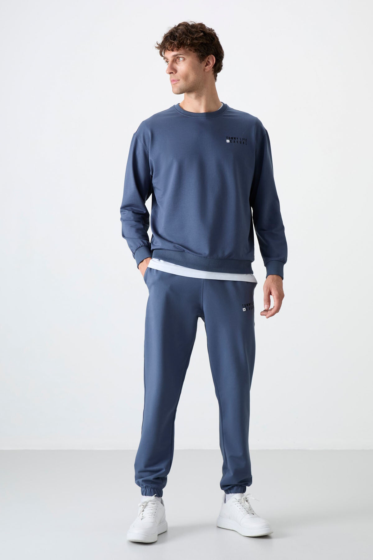 Petrol Casual O Yaka Lastik Paça Pamuklu Erkek Oversize Eşofman Takımı - 85120