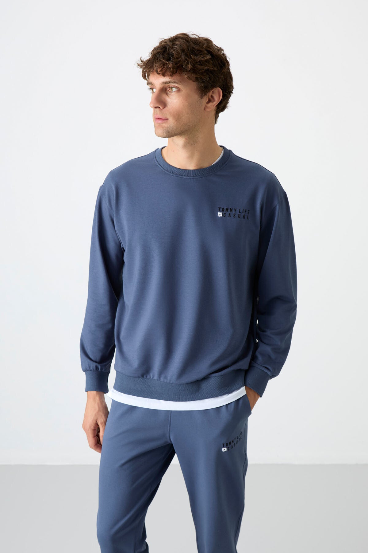 Petrol Casual O Yaka Lastik Paça Pamuklu Erkek Oversize Eşofman Takımı - 85120