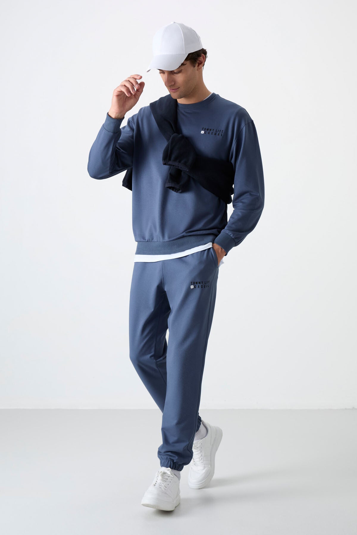 Petrol Casual O Yaka Lastik Paça Pamuklu Erkek Oversize Eşofman Takımı - 85120