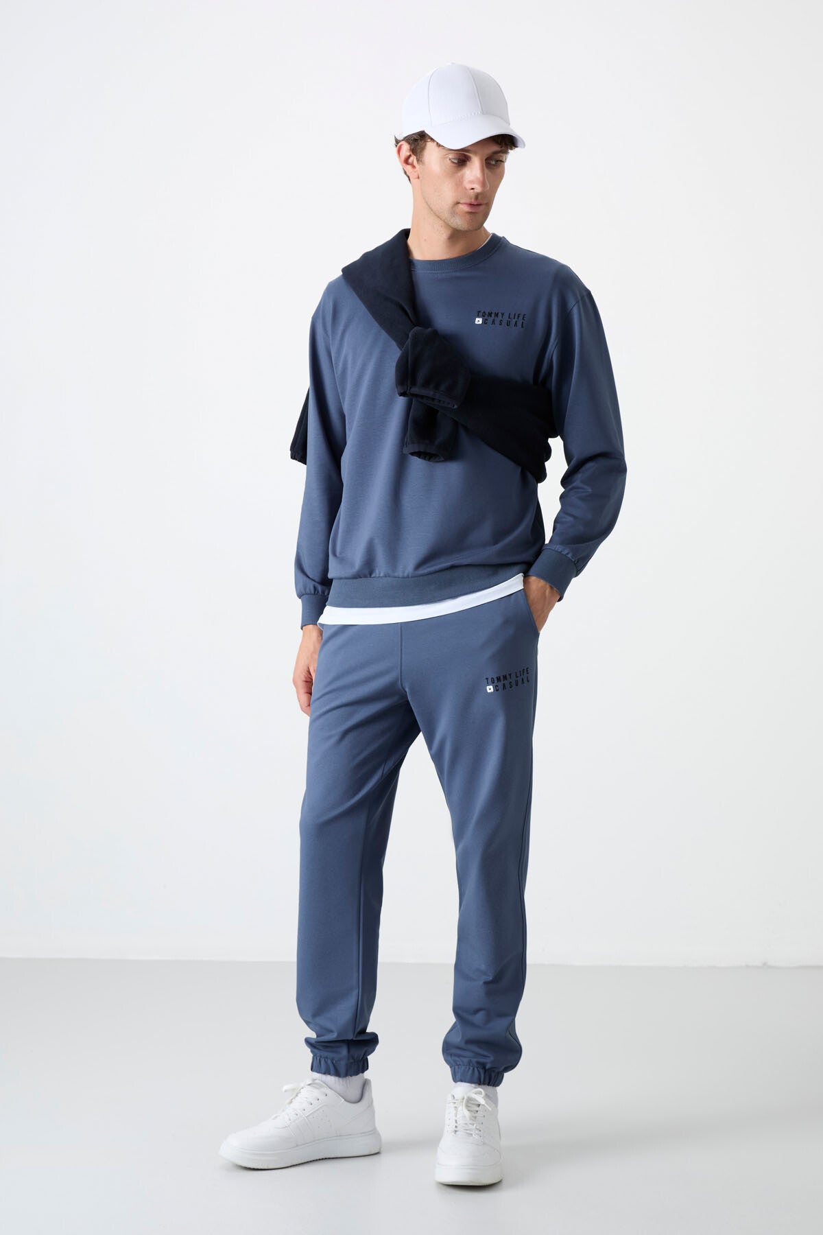 Petrol Casual O Yaka Lastik Paça Pamuklu Erkek Oversize Eşofman Takımı - 85120