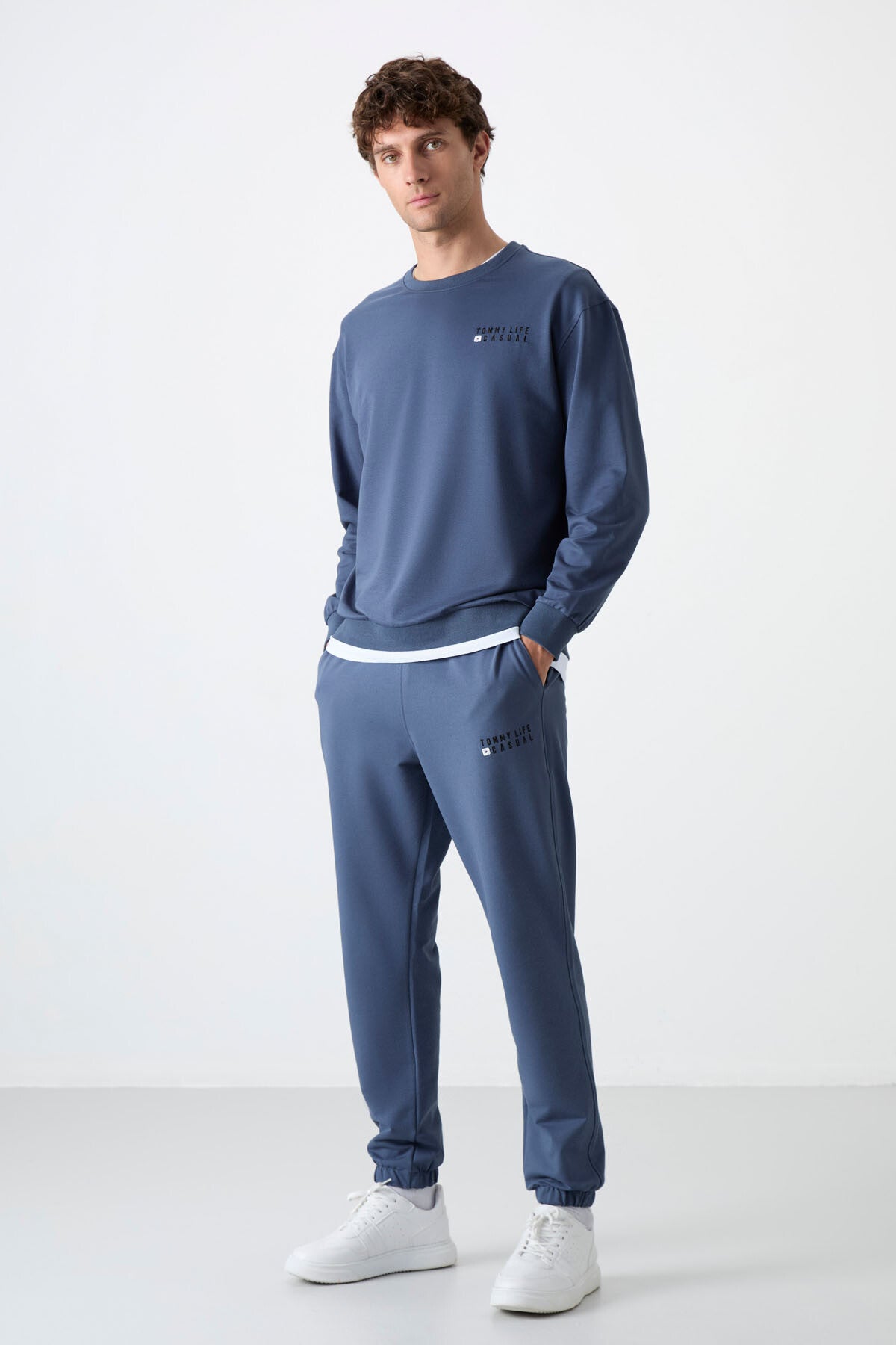 Petrol Casual O Yaka Lastik Paça Pamuklu Erkek Oversize Eşofman Takımı - 85120