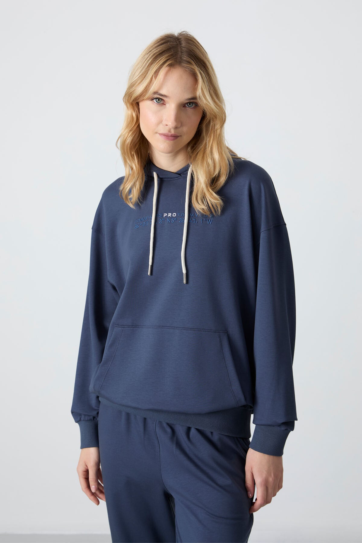 Petrol Kapüşonlu Kanguru Cep Oversize Lastik Paça Kadın Eşofman Takımı - 95288