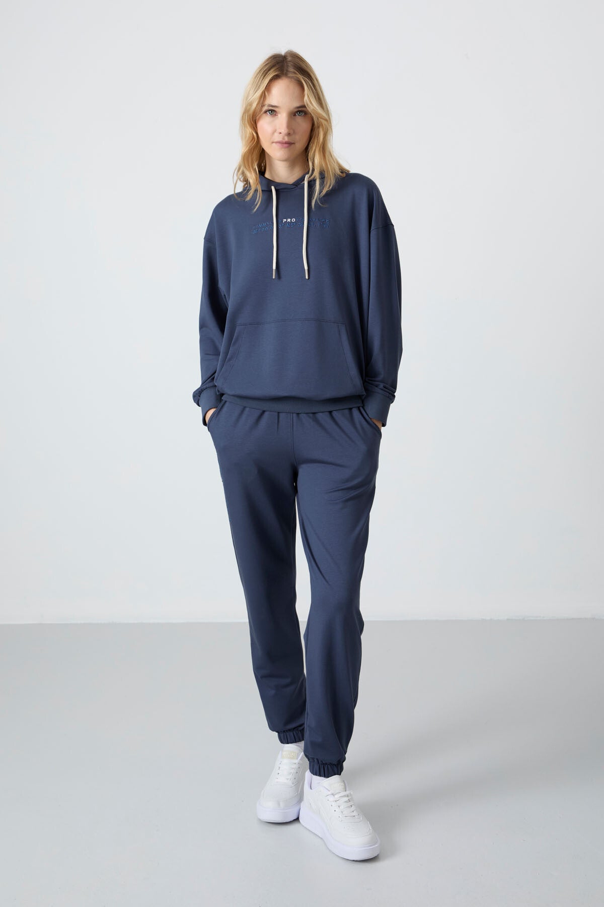 Petrol Kapüşonlu Kanguru Cep Oversize Lastik Paça Kadın Eşofman Takımı - 95288