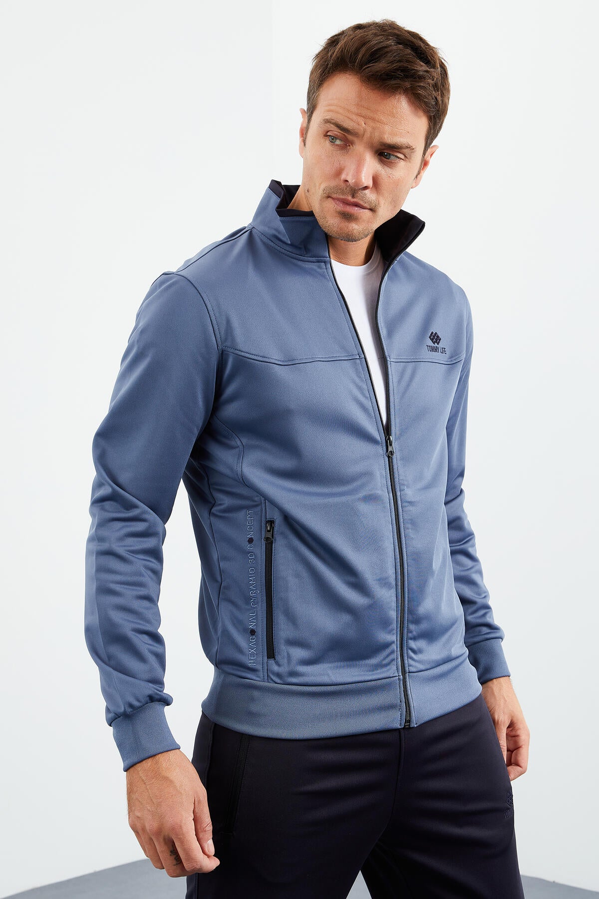 Petrol - Lacivert Dik Yaka Fermuarlı Standart Kalıp Klasik Paça Erkek Eşofman Takımı - 85162