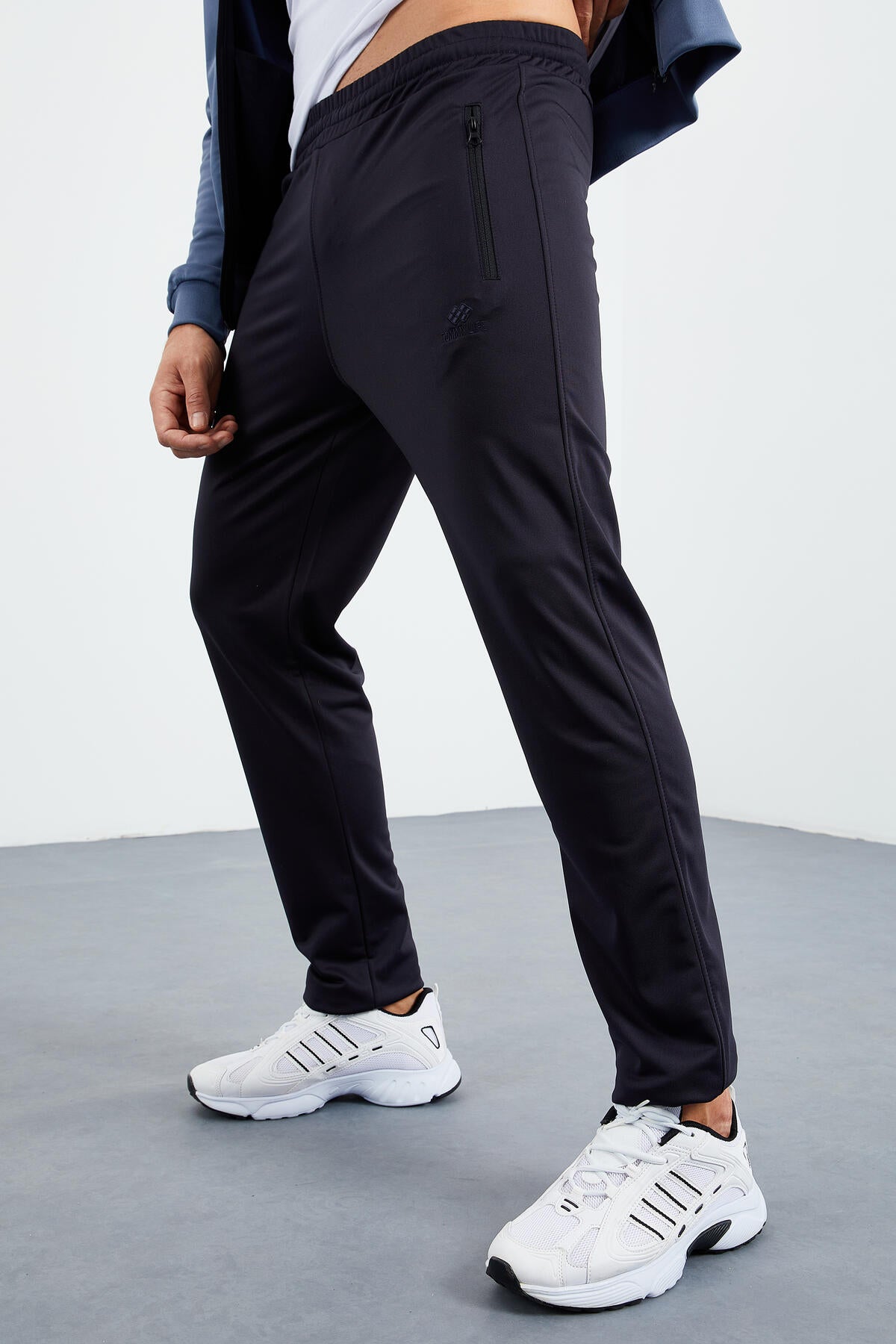 Petrol - Lacivert Dik Yaka Fermuarlı Standart Kalıp Klasik Paça Erkek Eşofman Takımı - 85162