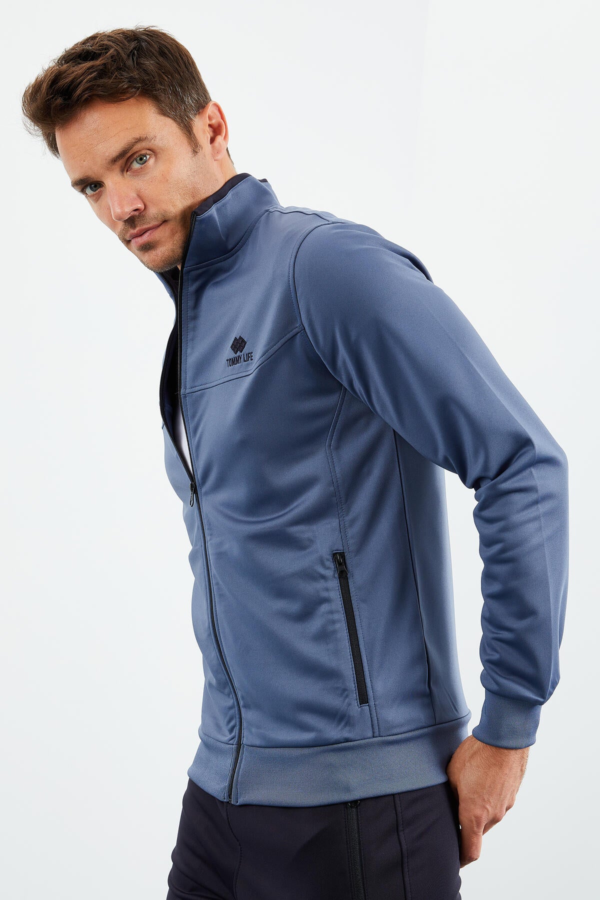 Petrol - Lacivert Dik Yaka Fermuarlı Standart Kalıp Klasik Paça Erkek Eşofman Takımı - 85162