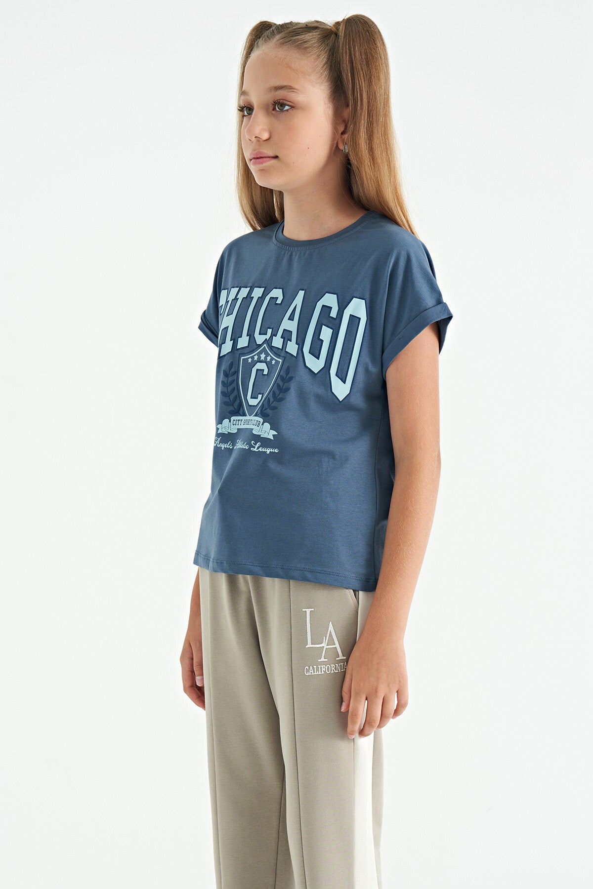 Petrol O Yaka Düşük Omuzlu Rahat Form Kısa Kollu Kız Çocuk T-Shirt - 75128