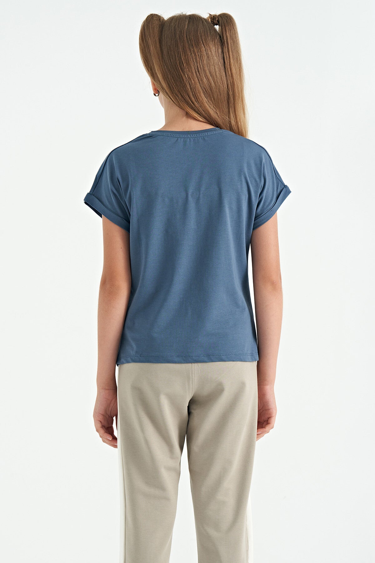 Petrol O Yaka Düşük Omuzlu Rahat Form Kısa Kollu Kız Çocuk T-Shirt - 75128