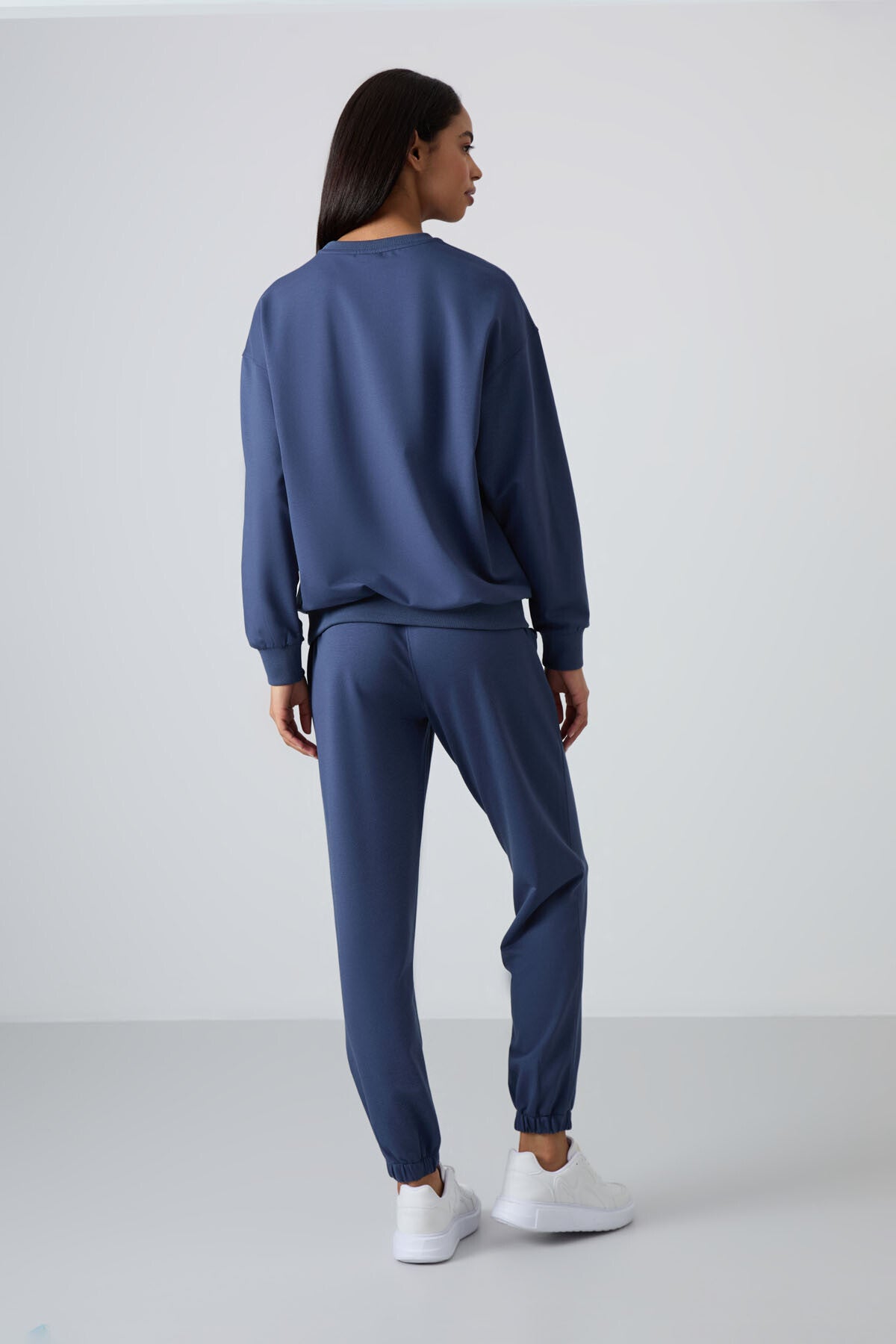 Petrol Basic Pamuklu O Yaka Oversize Lastik Paça Kadın Eşofman Takım - 95287