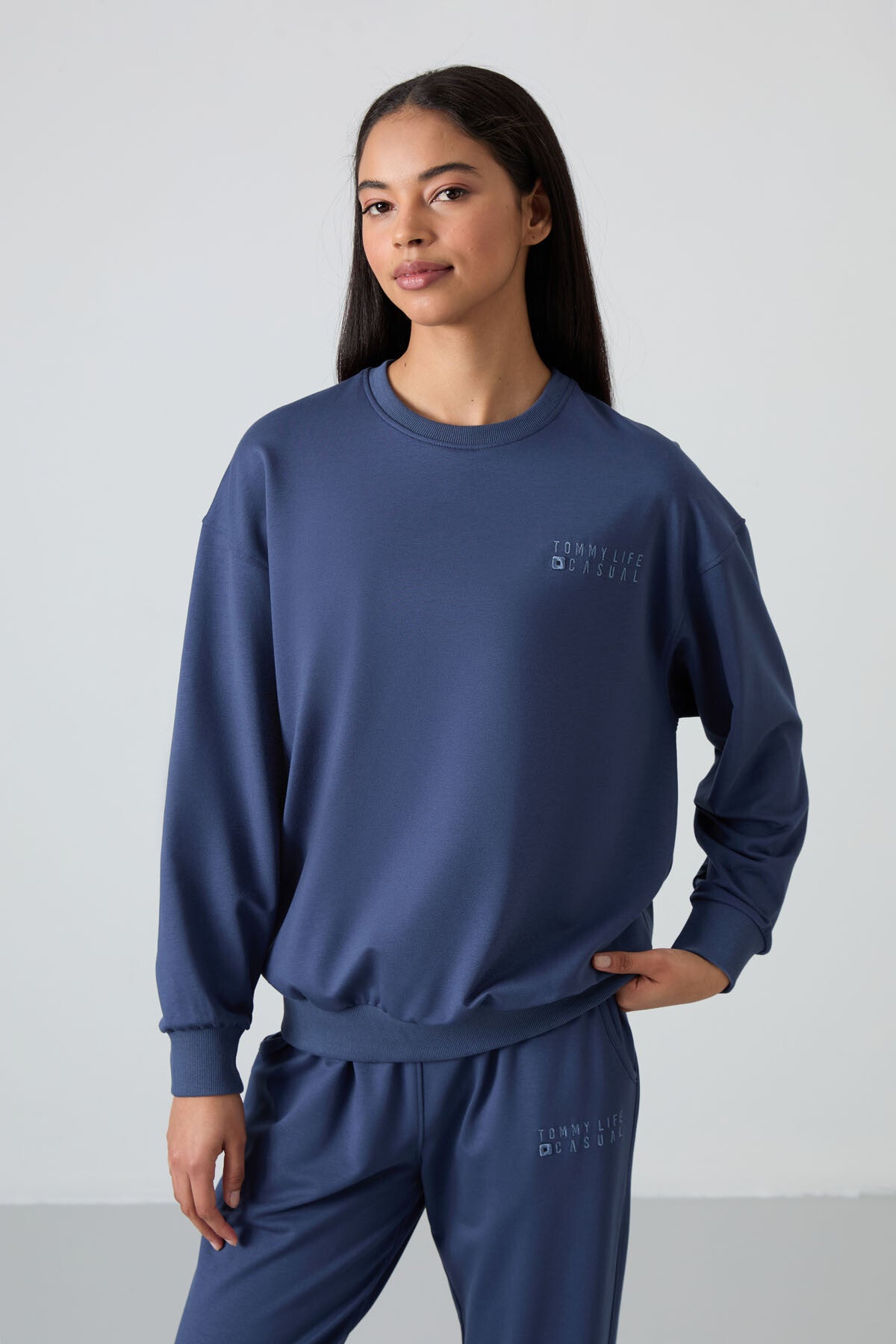 Petrol Basic Pamuklu O Yaka Oversize Lastik Paça Kadın Eşofman Takım - 95287