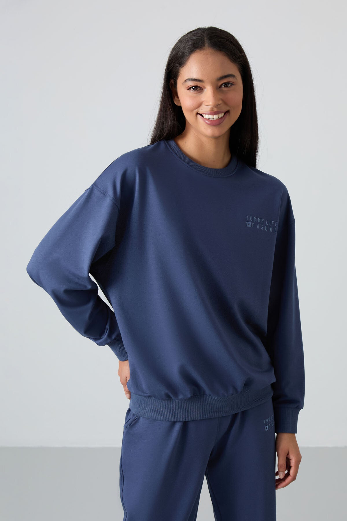 Petrol Basic Pamuklu O Yaka Oversize Lastik Paça Kadın Eşofman Takım - 95287