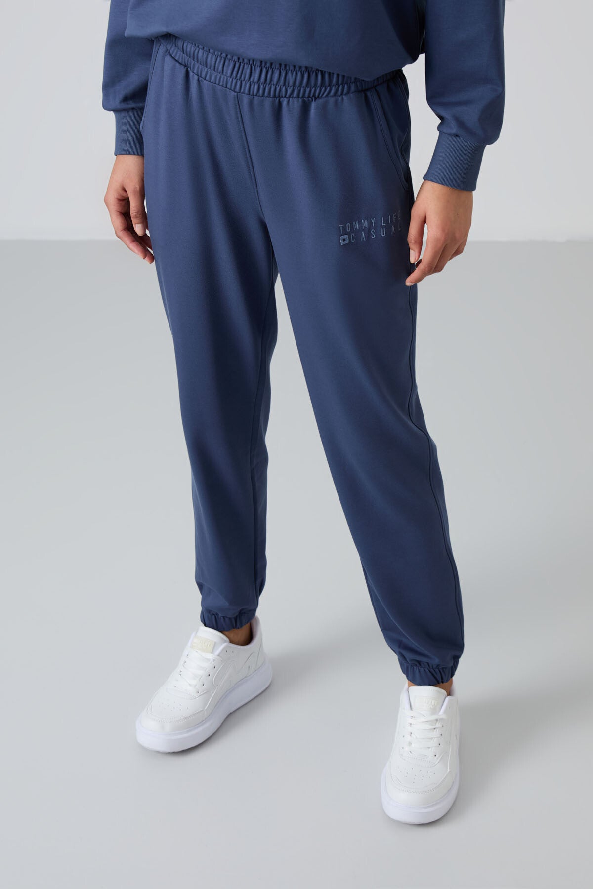 Petrol Basic Pamuklu O Yaka Oversize Lastik Paça Kadın Eşofman Takım - 95287