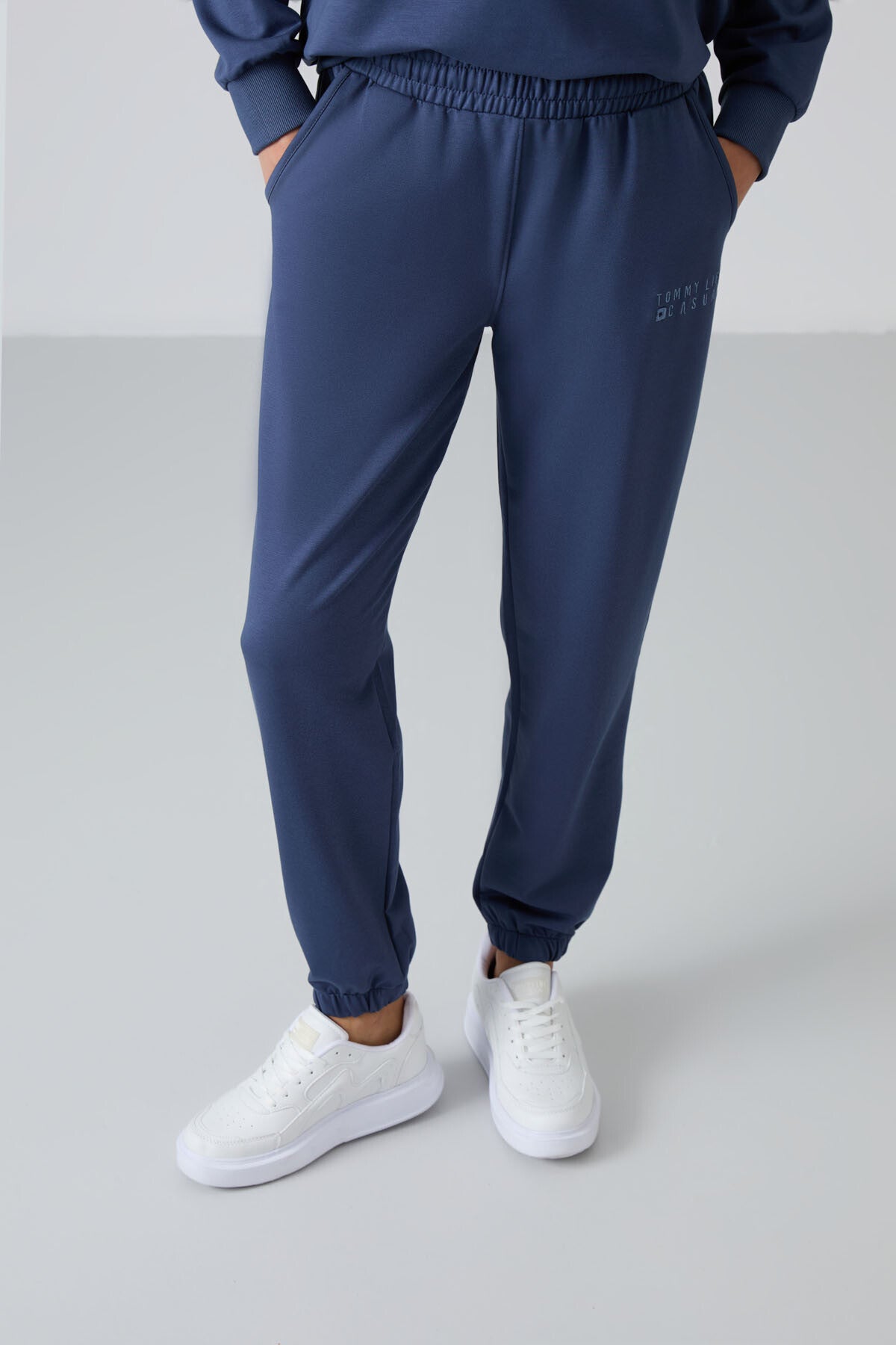 Petrol Basic Pamuklu O Yaka Oversize Lastik Paça Kadın Eşofman Takım - 95287