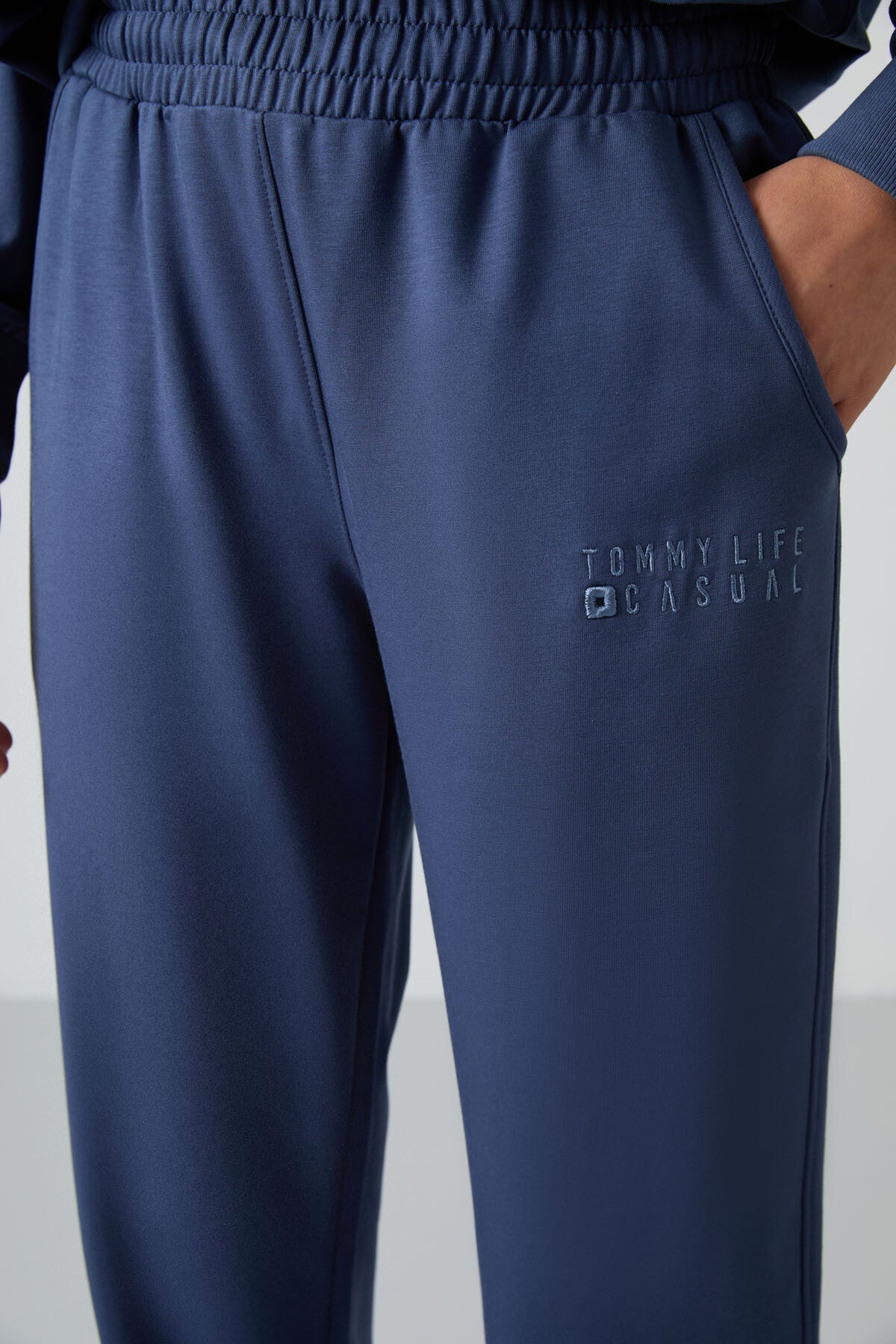 Petrol Basic Pamuklu O Yaka Oversize Lastik Paça Kadın Eşofman Takım - 95287