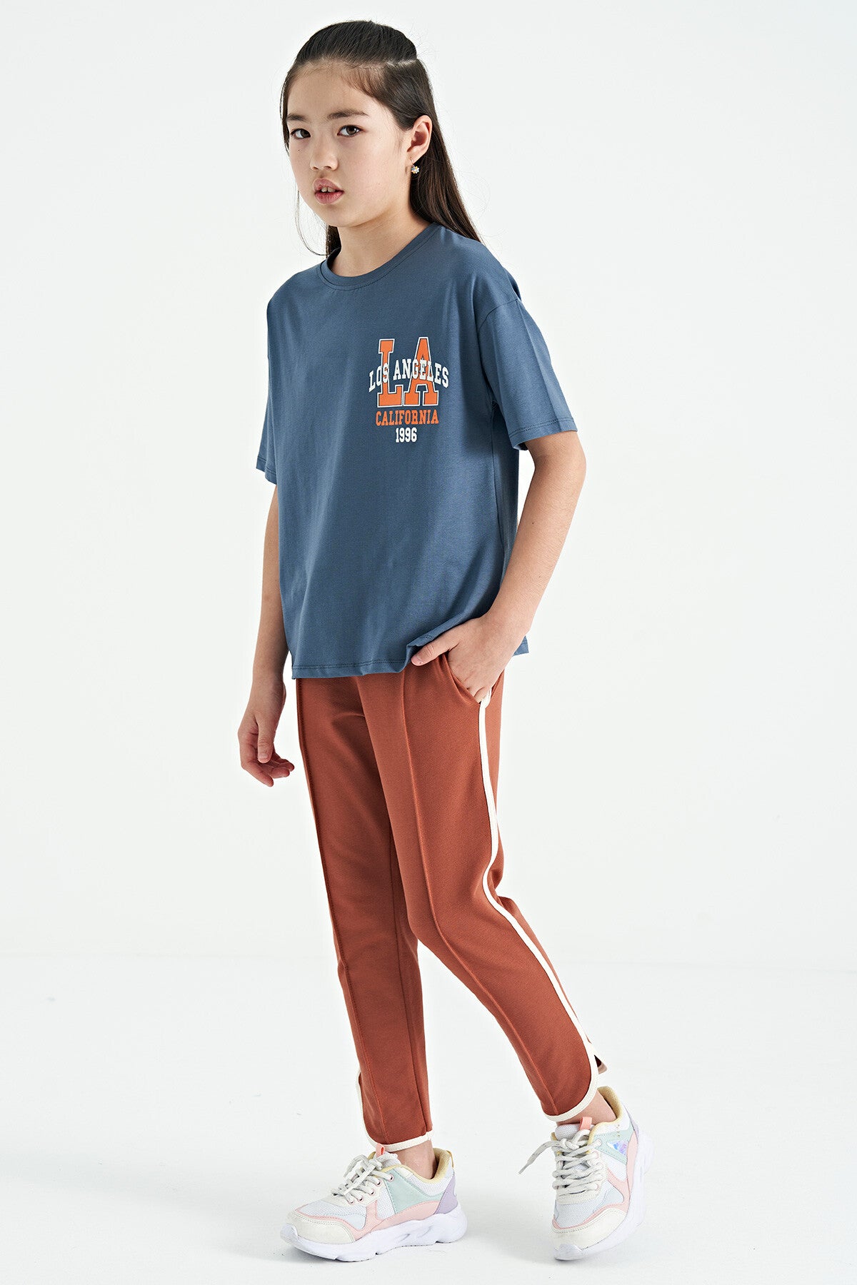 Petrol Ön Arka Baskılı O Yaka Oversize Kısa Kollu Kız Çocuk T-Shirt - 75127