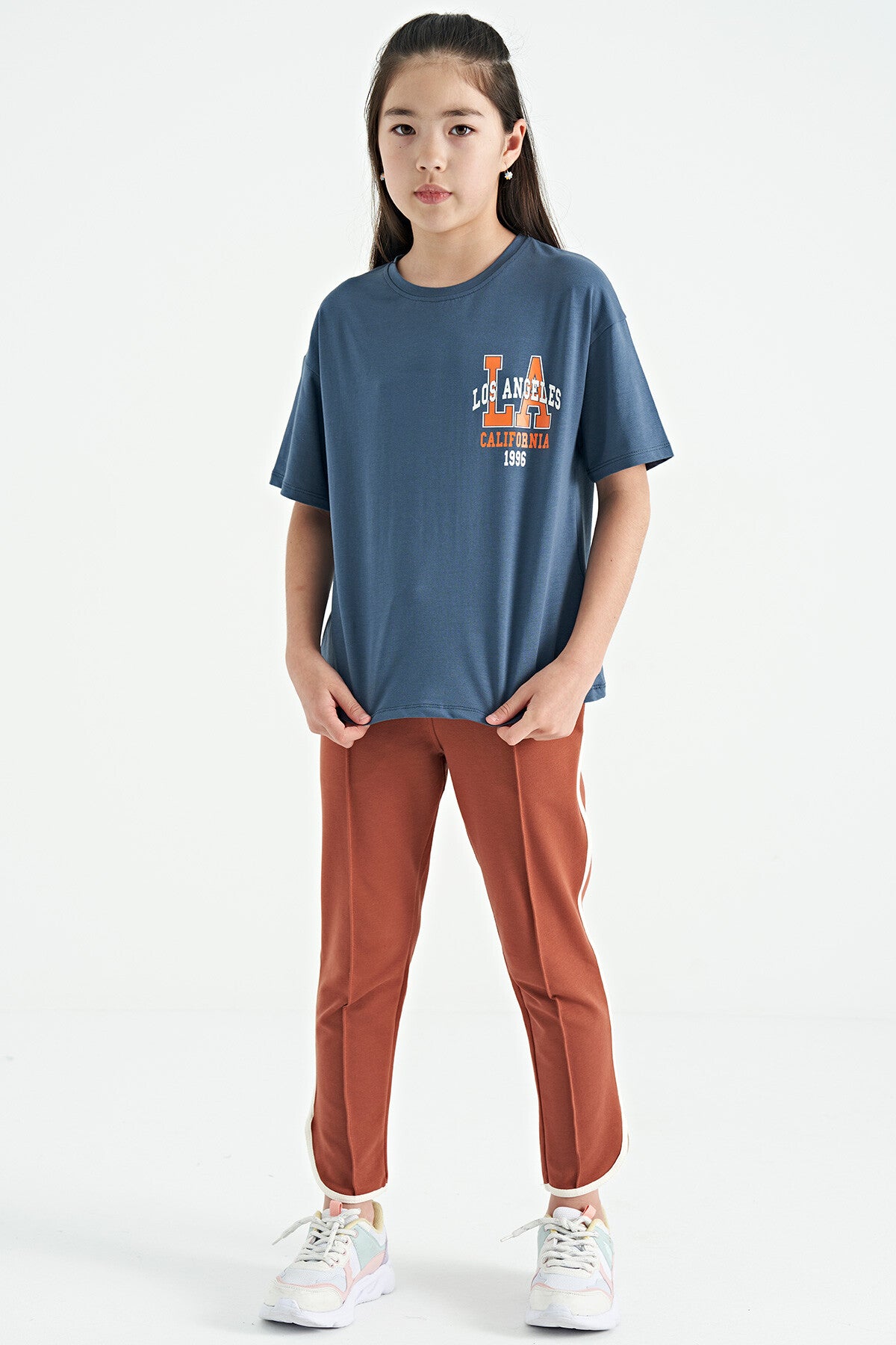 Petrol Ön Arka Baskılı O Yaka Oversize Kısa Kollu Kız Çocuk T-Shirt - 75127