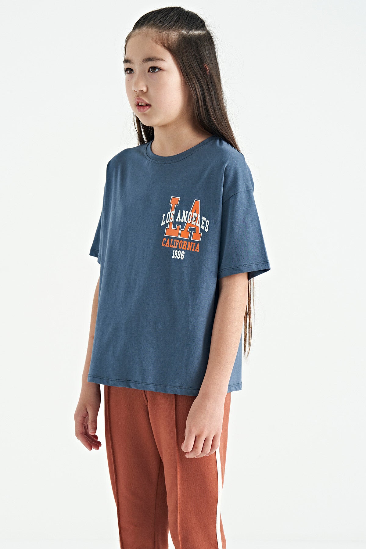 Petrol Ön Arka Baskılı O Yaka Oversize Kısa Kollu Kız Çocuk T-Shirt - 75127