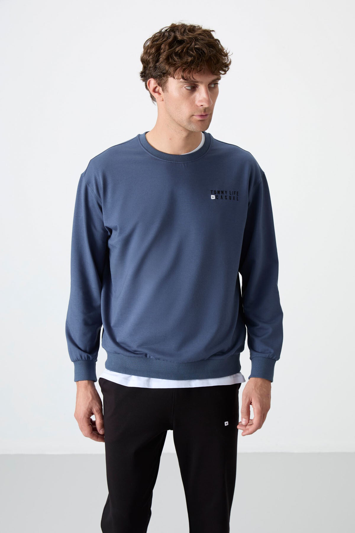 Petrol - Siyah Casual O Yaka Lastik Paça Pamuklu Erkek Oversize Eşofman Takımı - 85120