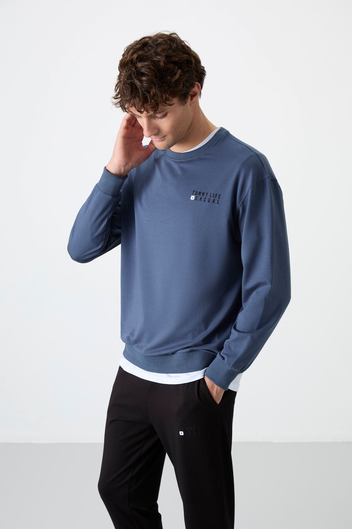 Petrol - Siyah Casual O Yaka Lastik Paça Pamuklu Erkek Oversize Eşofman Takımı - 85120