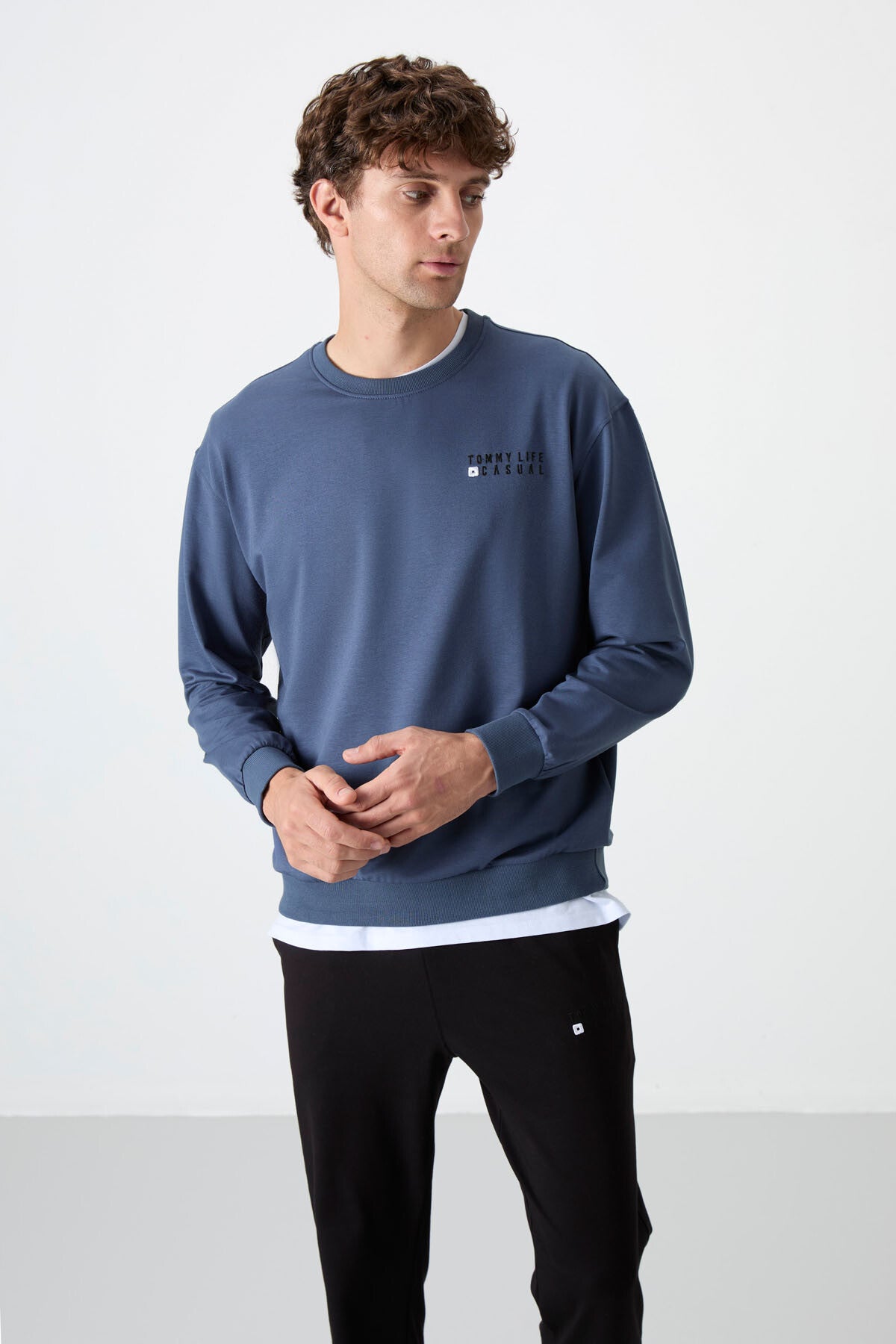 Petrol - Siyah Casual O Yaka Lastik Paça Pamuklu Erkek Oversize Eşofman Takımı - 85120