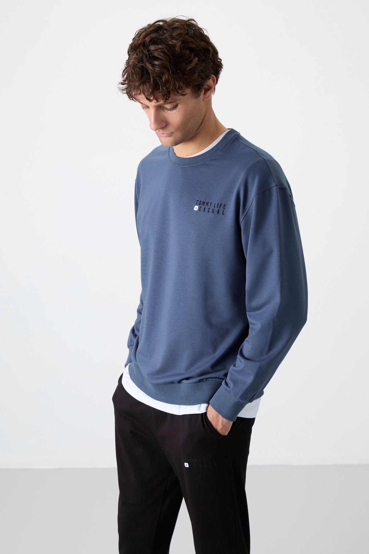 Petrol - Siyah Casual O Yaka Lastik Paça Pamuklu Erkek Oversize Eşofman Takımı - 85120