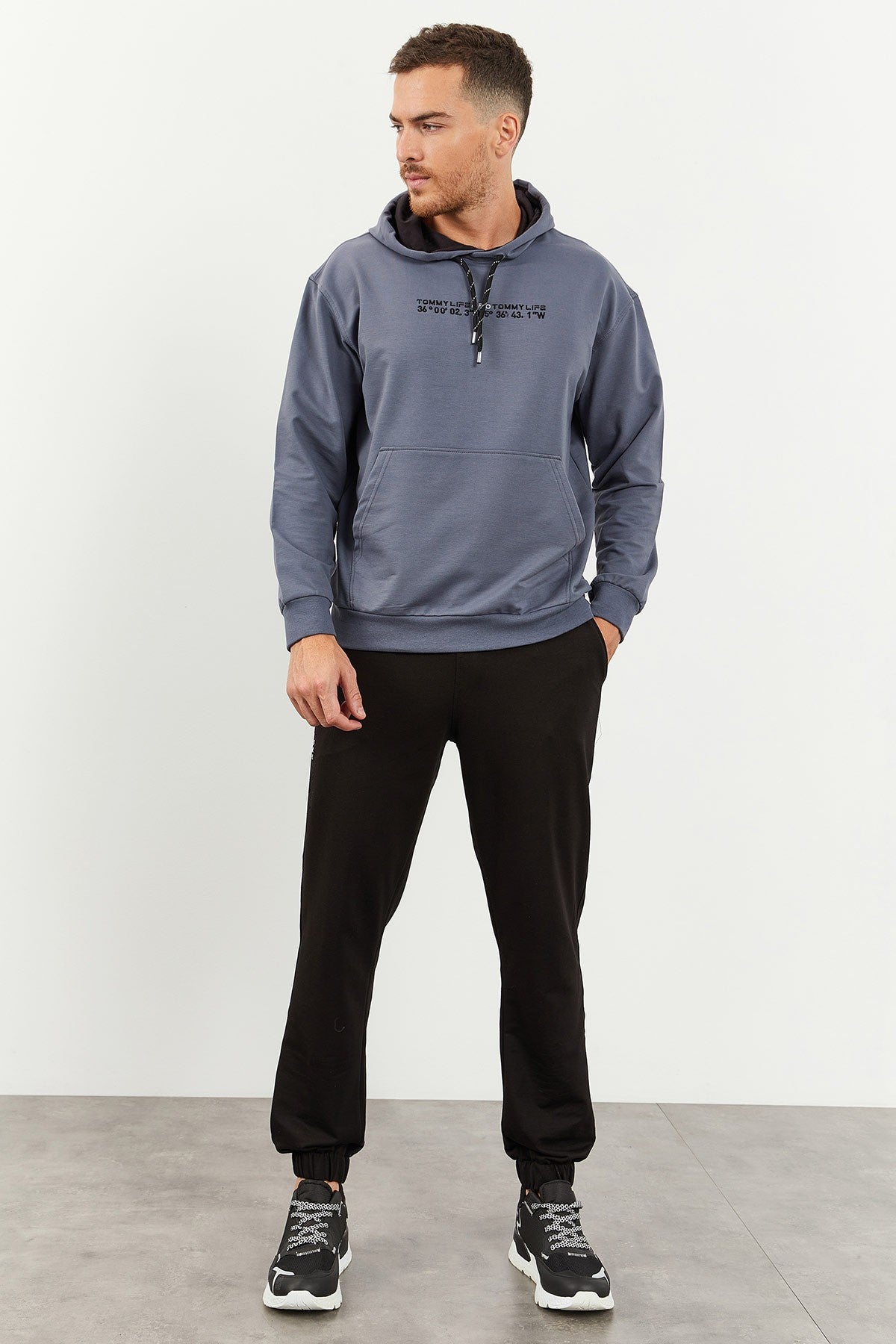 Petrol - Siyah Kapüşonlu Kanguru Cep Lastik Paça Erkek Oversize Eşofman Takımı - 85117