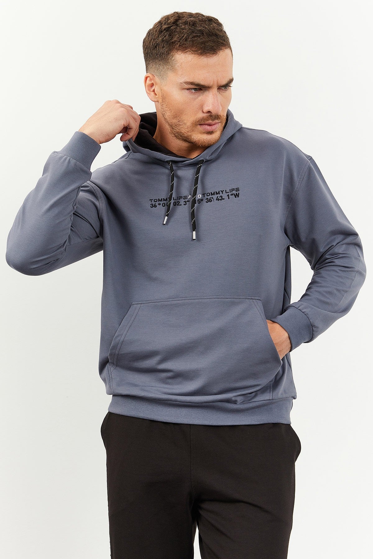 Petrol - Siyah Kapüşonlu Kanguru Cep Lastik Paça Erkek Oversize Eşofman Takımı - 85117