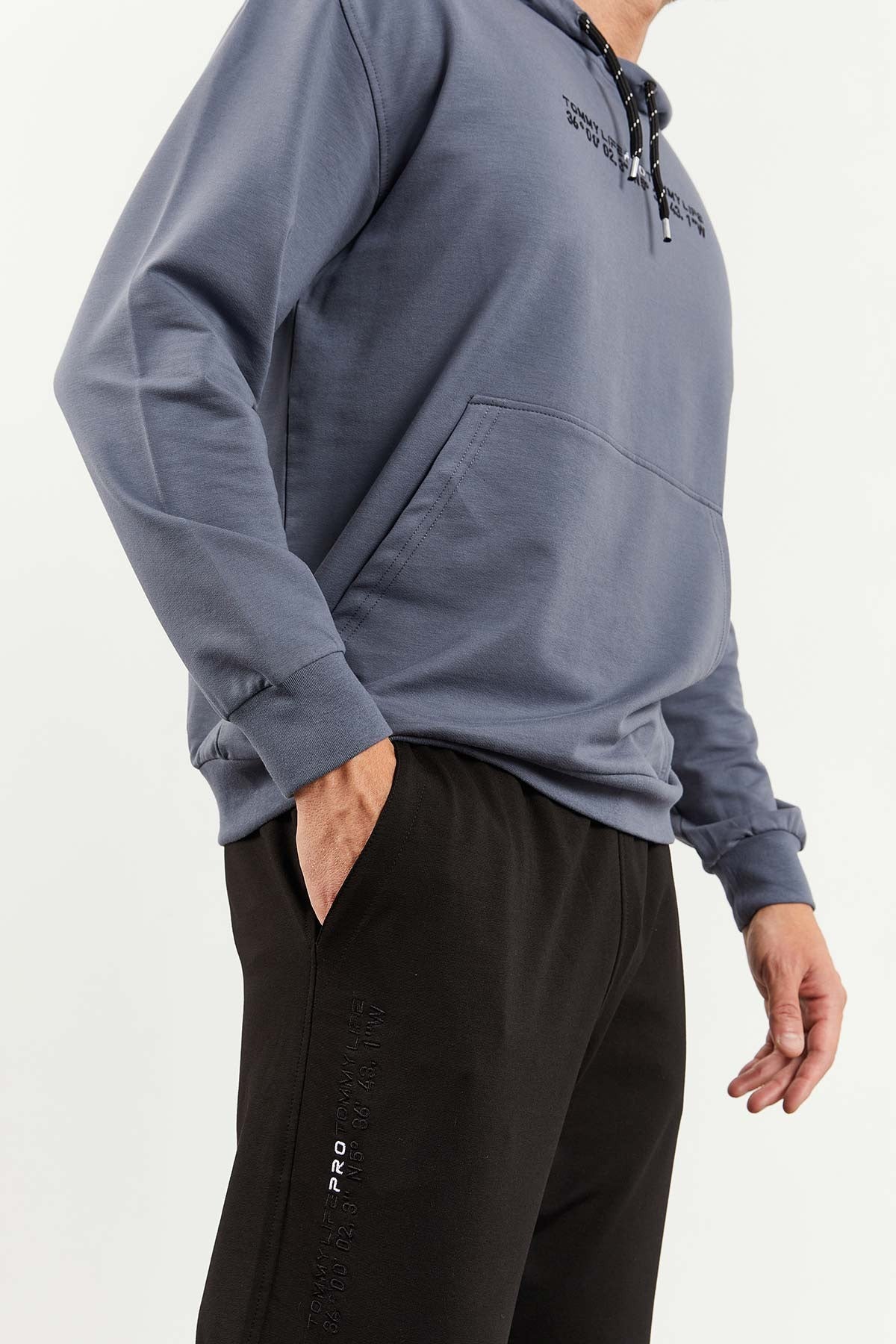 Petrol - Siyah Kapüşonlu Kanguru Cep Lastik Paça Erkek Oversize Eşofman Takımı - 85117