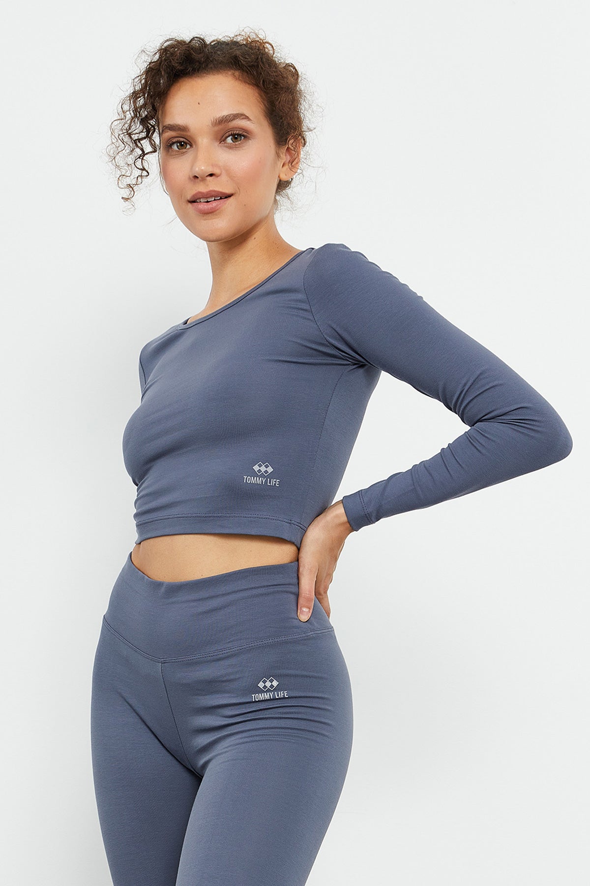 Petrol Uzun Kollu Dar Kalıp O Yaka Kadın Crop Top T-Shirt - 97150