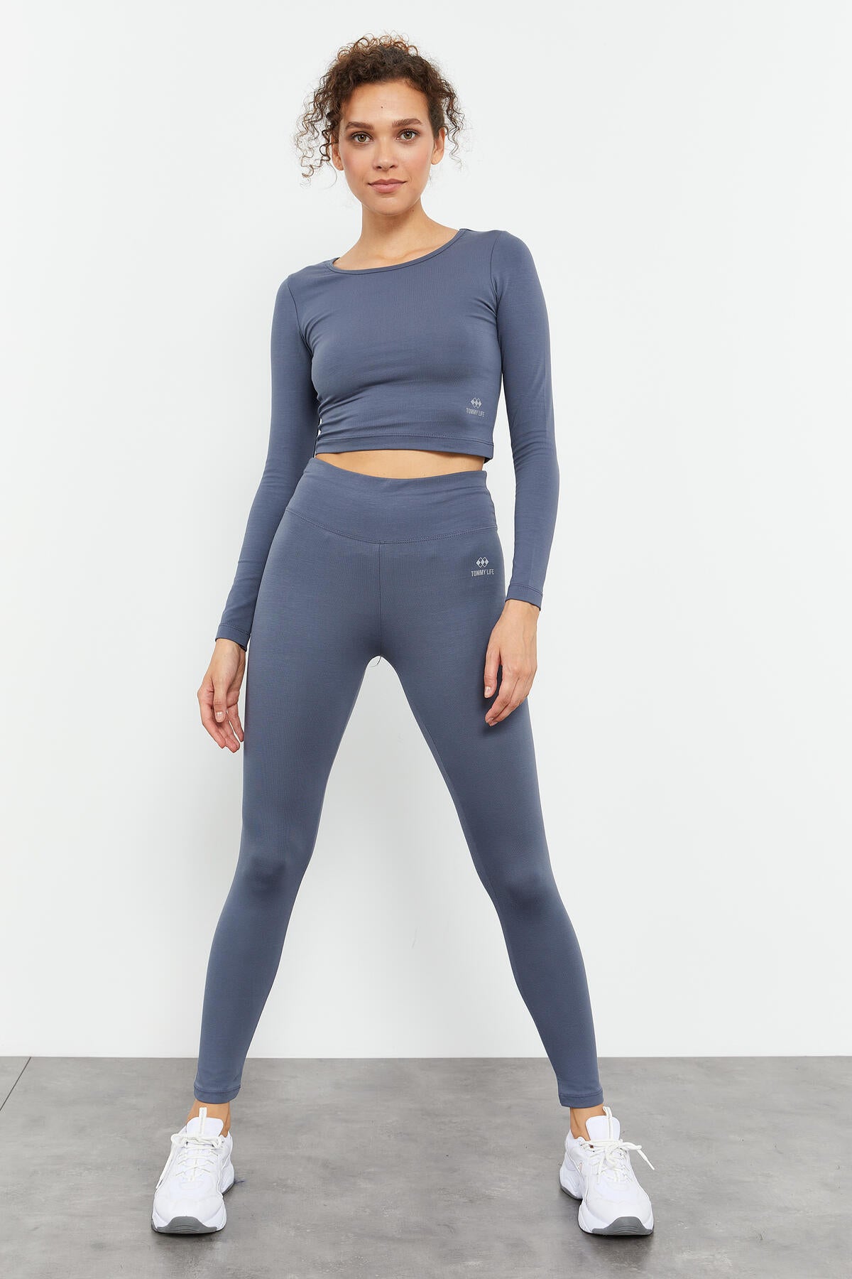 Petrol Uzun Kollu Dar Kalıp O Yaka Kadın Crop Top T-Shirt - 97150