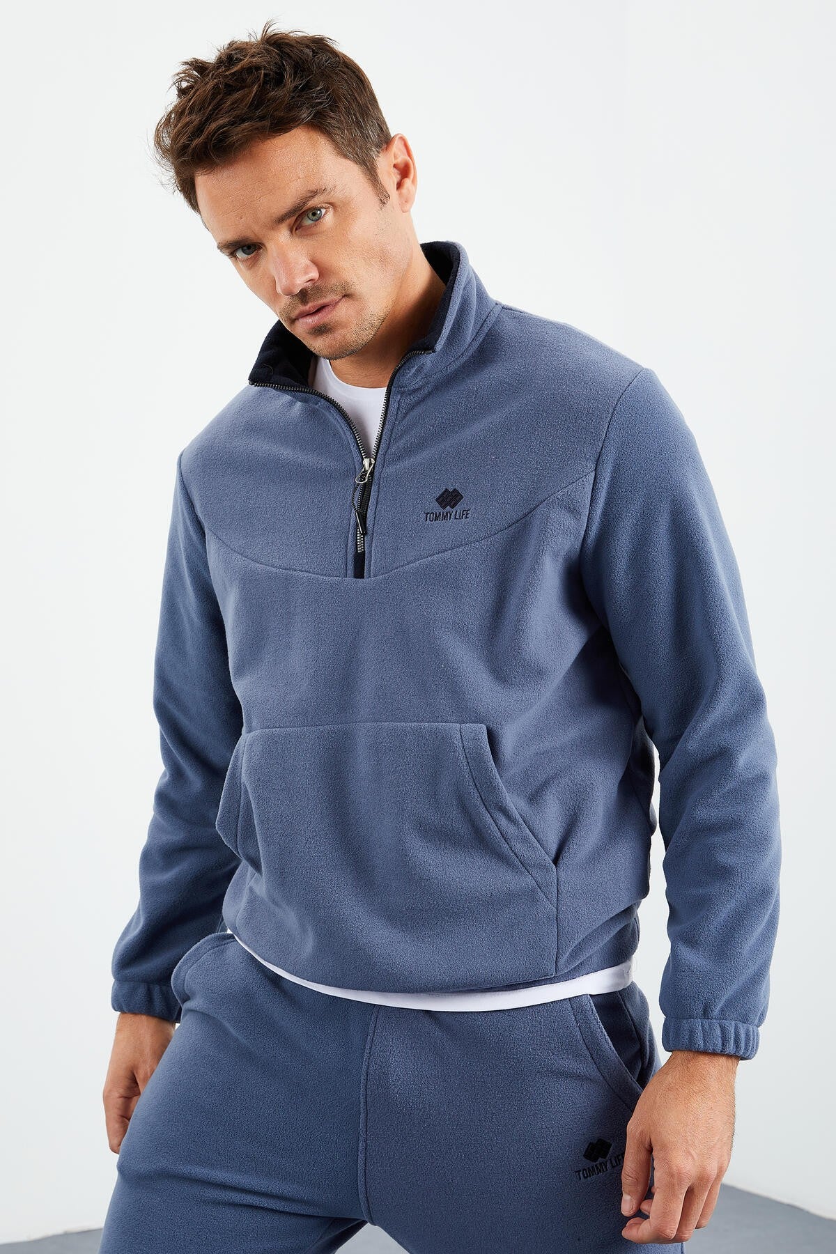 Petrol Yarım Fermuar Dik Yaka Lastik Paça Polar Erkek Eşofman Takımı - 85159