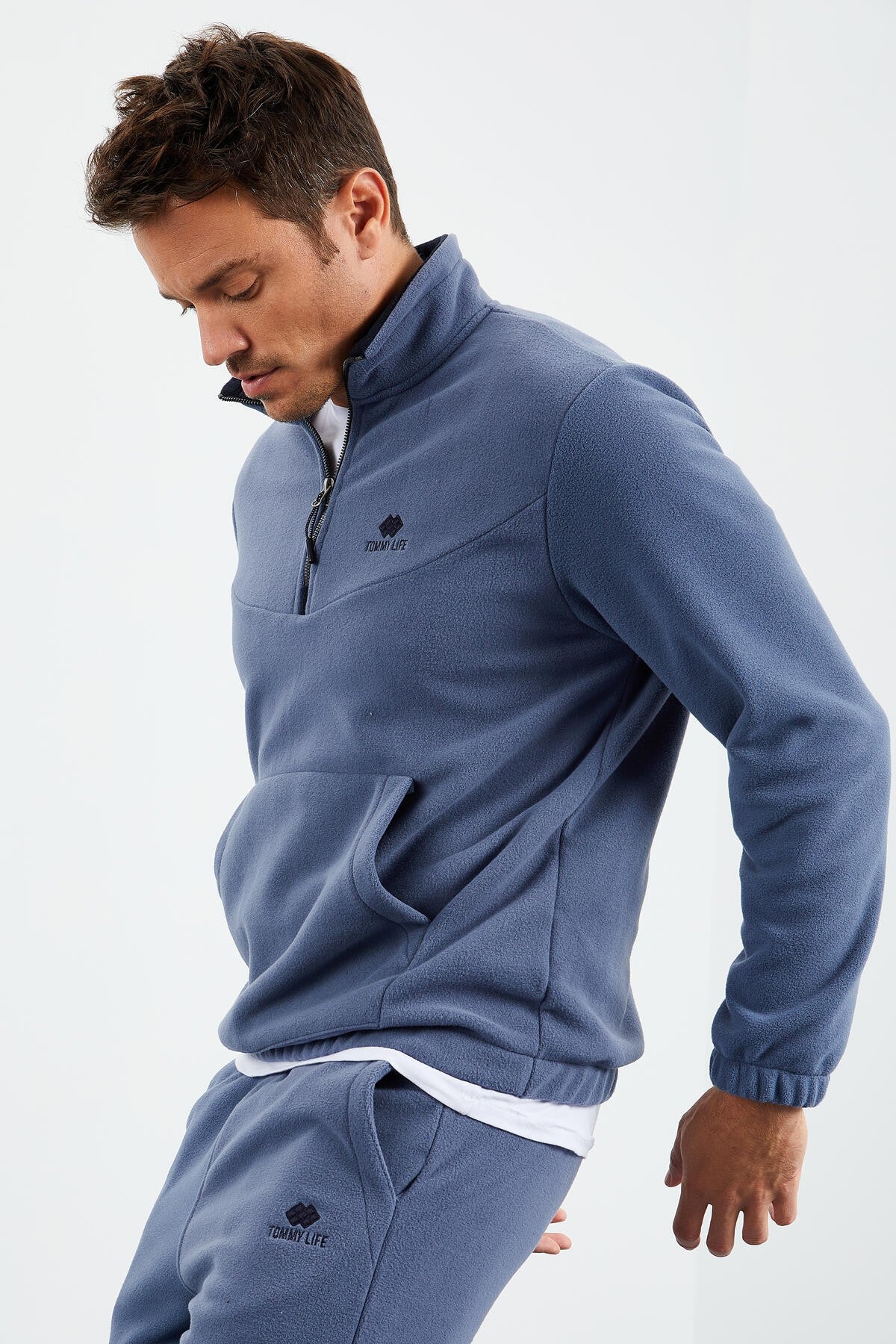 Petrol Yarım Fermuar Dik Yaka Lastik Paça Polar Erkek Eşofman Takımı - 85159