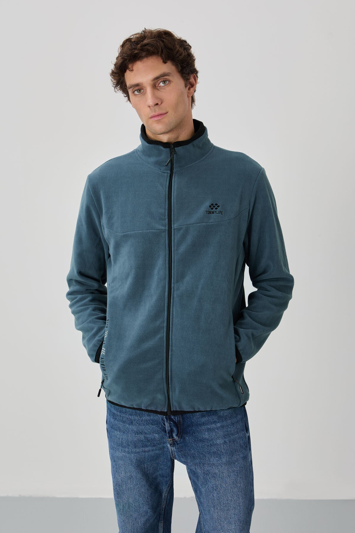 Petrol Yazı Nakışlı Dik Yaka Fermuarlı Standart Kalıp Erkek Sweatshirt Polar - 87992