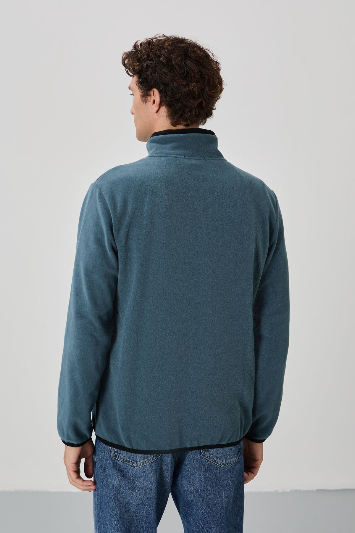 Petrol Yazı Nakışlı Dik Yaka Fermuarlı Standart Kalıp Erkek Sweatshirt Polar - 87992