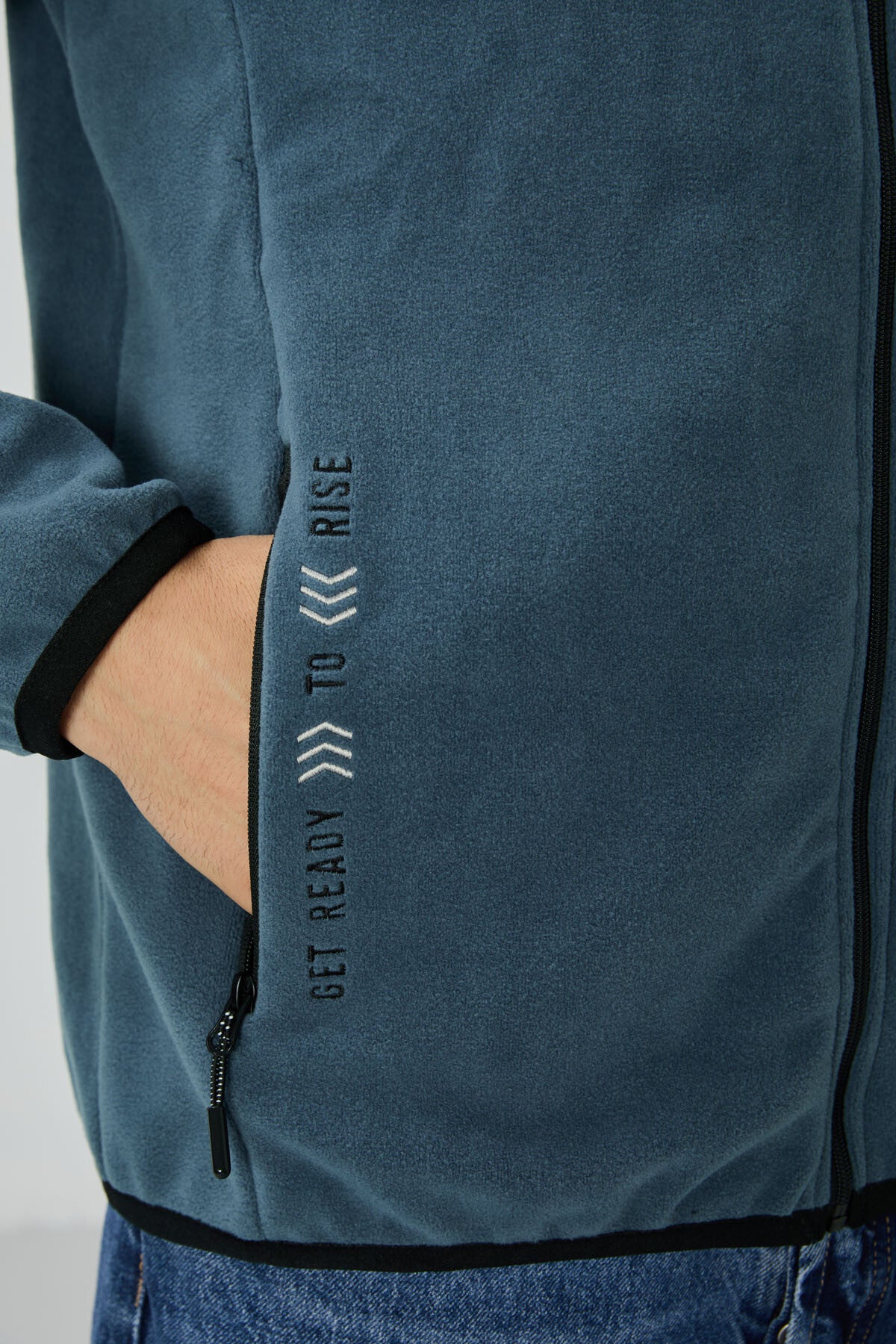 Petrol Yazı Nakışlı Dik Yaka Fermuarlı Standart Kalıp Erkek Sweatshirt Polar - 87992