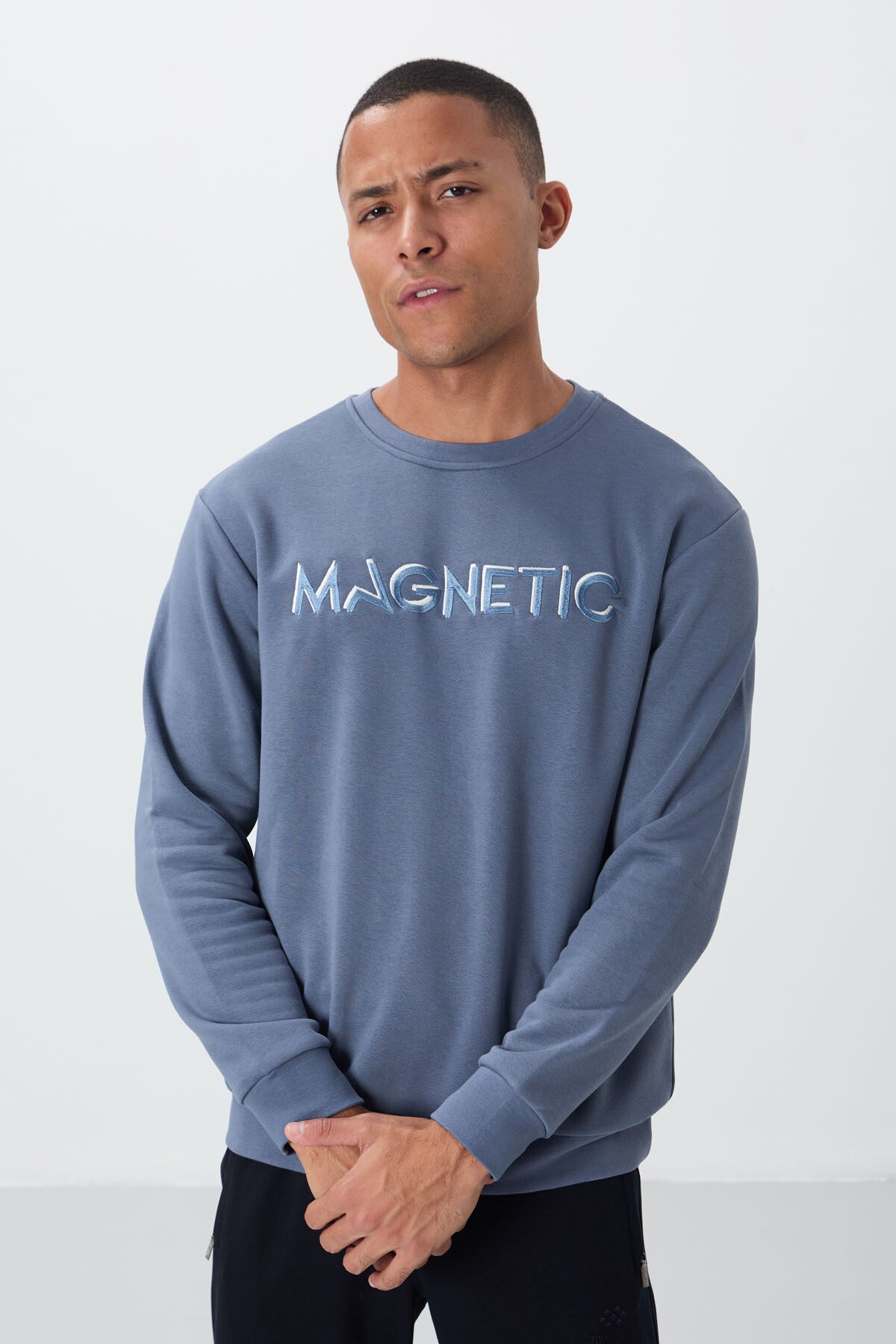 Petrol Yazı Nakışlı O Yaka Rahat Form İçi Polarlı Erkek Sweatshirt - 88020