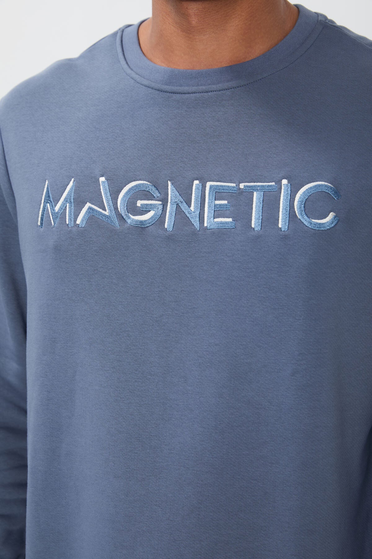 Petrol Yazı Nakışlı O Yaka Rahat Form İçi Polarlı Erkek Sweatshirt - 88020