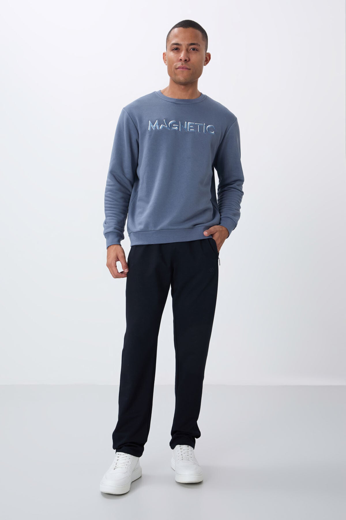 Petrol Yazı Nakışlı O Yaka Rahat Form İçi Polarlı Erkek Sweatshirt - 88020