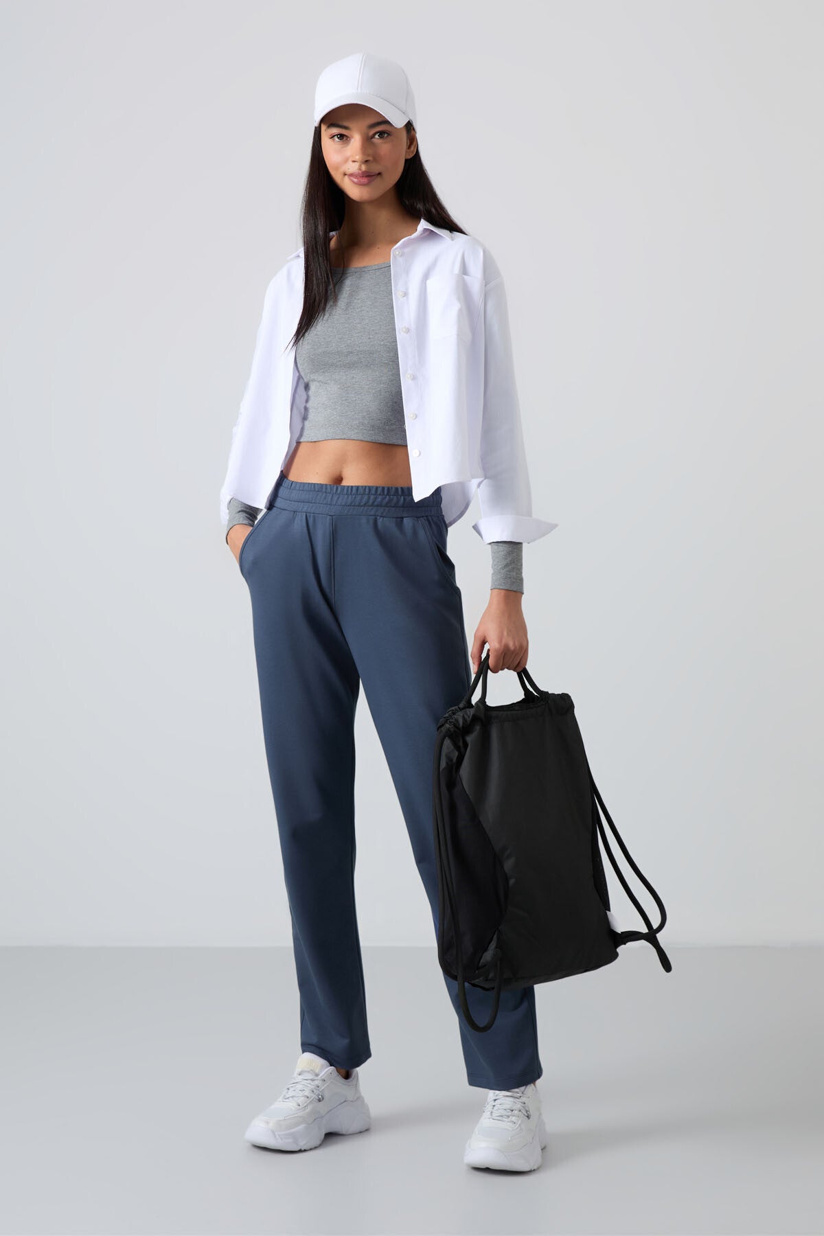 Petrol Yüksek Bel Cepli Rahat Form Klasik Paça Kadın Eşofman Alt - 94584