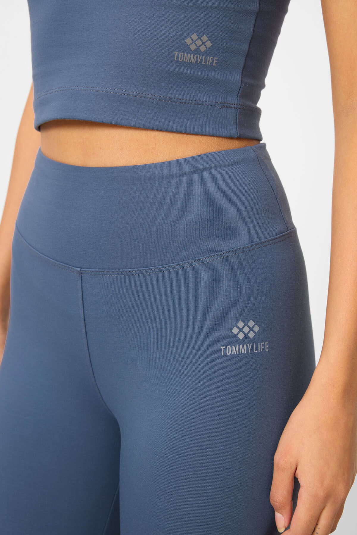 Petrol Yüksek Bel Kapri-Crop Atlet Slim Fit Kadın Tayt Takım - 95284