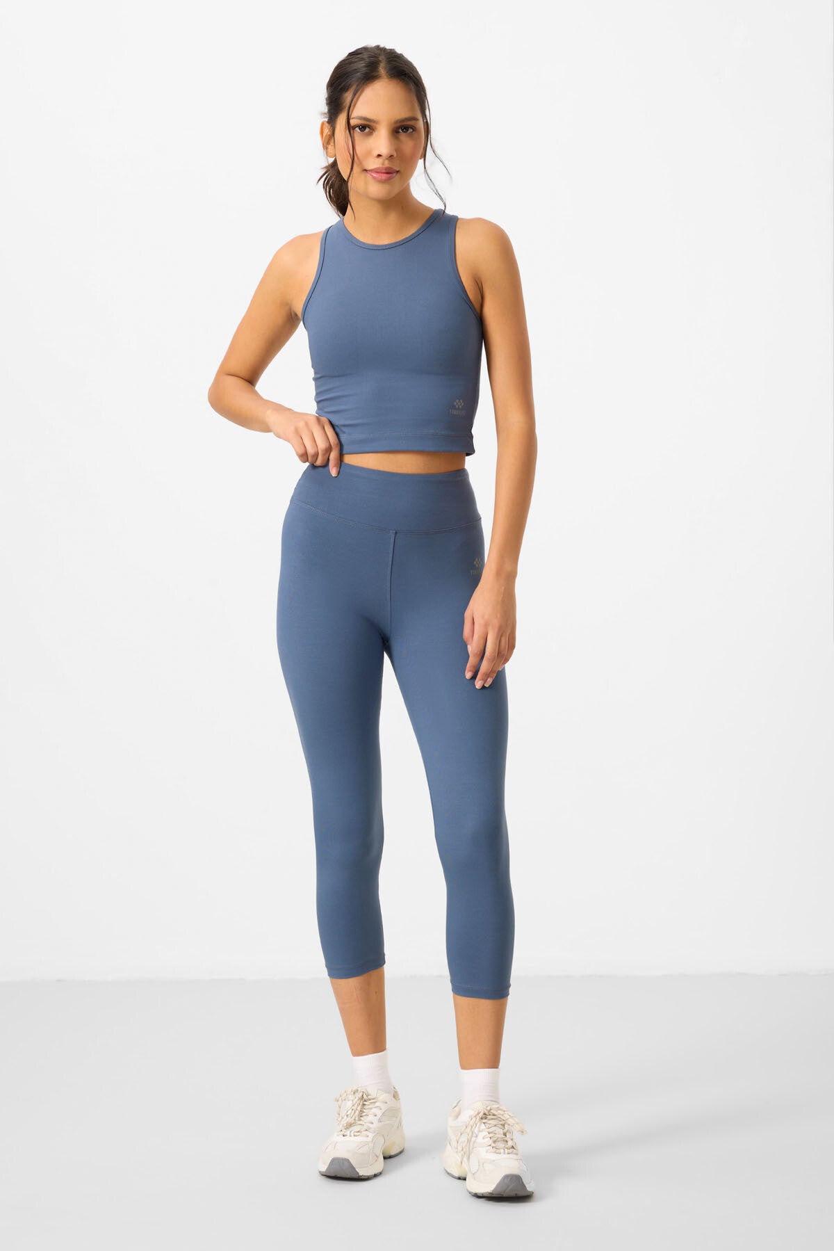 Petrol Yüksek Bel Kapri-Crop Atlet Slim Fit Kadın Tayt Takım - 95284