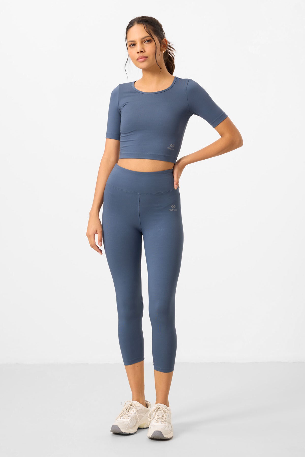 Petrol Yüksek Bel Kapri-Crop T-Shirt Slim Fit Kadın Tayt Takım - 95285